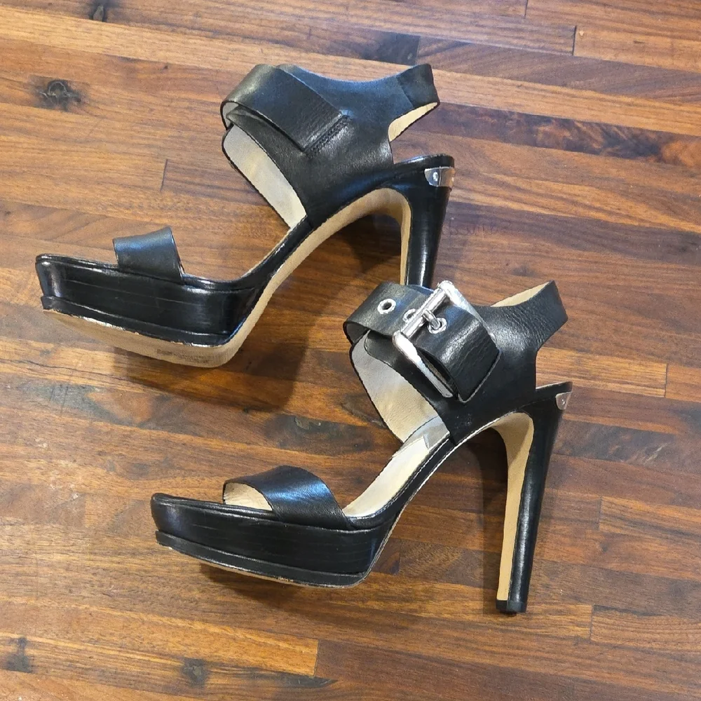Michael Kors Black Leather Ankle Strap Heeled Sandals - Picture 2 of 11